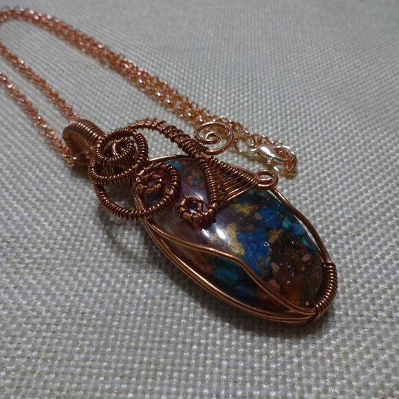 Rustic OYSTER TURQUOISE Handmade COPPER WIRE-WRAPPED Pendant/Chain #389C - Picture 3 of 3